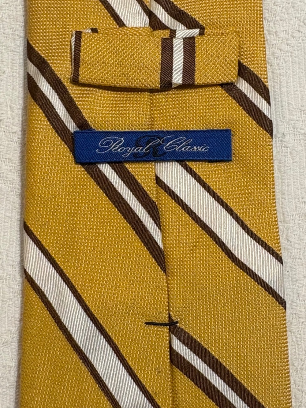 Tom James Royal Classic Striped Silk Cotton Tie Gold Yellow Brown 3.25"